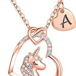 Unicorn Necklace Rose Gold Heart Pendant Teens Gift 18" Chain CZ Jewelry